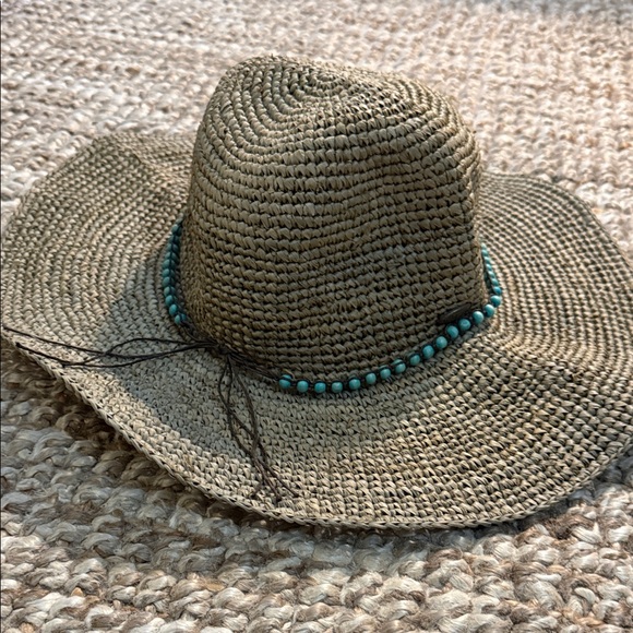 callanan Accessories - Woven Straw Sun Hat with Turquoise Bead Trim - Women's Tan Summer Hat